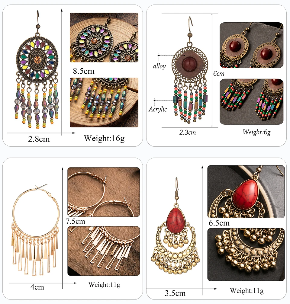 Bohemia Long Silver Gold Tassel Fringe Earrings for Women Statement Jewelry Crystal Acrylic Natural Stones Pendant Earrings Gift (305)