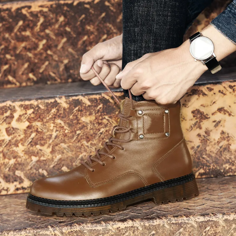 

New Style Large Size Genuine Leather Martin Boots Hight-top plus Velvet Warm Leather Boot Men Full-grain Leather Snow Boots