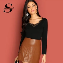 Sheinside, элегантные офисные женские Топы И Футболки, круглый вырез, длинный рукав, женские футболки, контрастный кружевной вырез, осенняя черная футболка