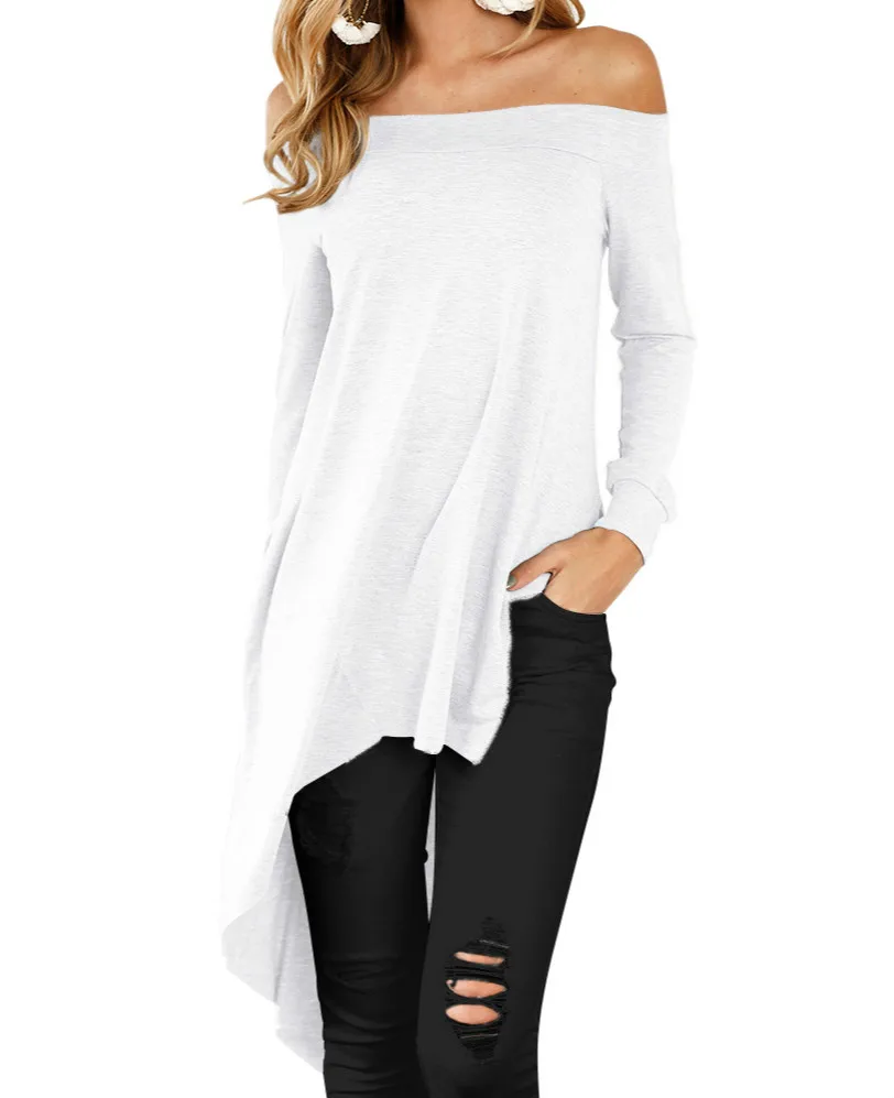 Зимние Для женщин блузки с вырезом лодочкой Asymmetrical Tunic повседневная женская обувь рубашки Blusa пикантные с открытыми плечами осень Топ Плюс Размеры GV1026 - Цвет: White
