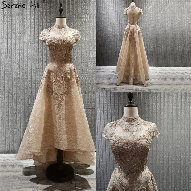 

Gold High Neck Luxury Asymmetrical Prom Dresses 2019 Short Sleeve Lace Beading Prom Gowns Serene Hill BLA70227