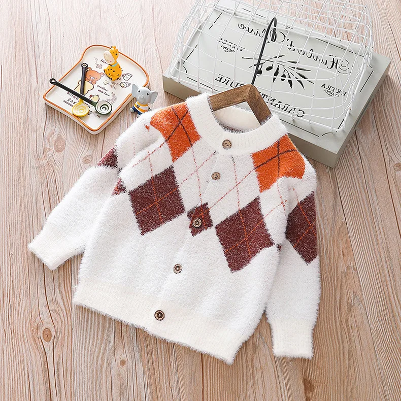 

2019 Autumn Childrenswear Small CHILDREN'S-Plaid Korean-style Baby Mink Cashmere Coat Men And Women Children Sweater Cardigan