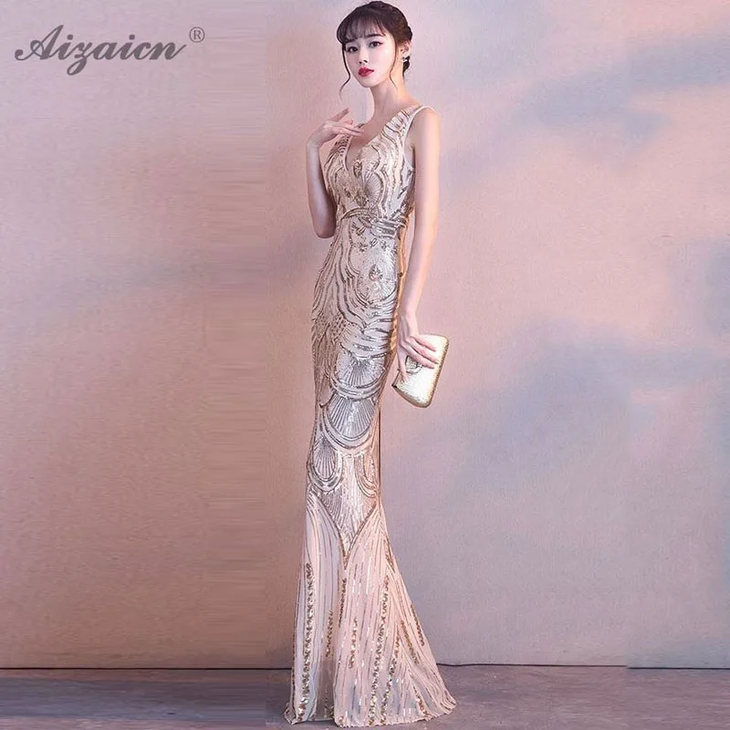 Модное сексуальное длинное Cheongsam с блестками, современное китайское винтажное платье с глубоким v-образным вырезом Qi Pao, женское китайское вечернее китайское платье-Ципао, тонкий халат