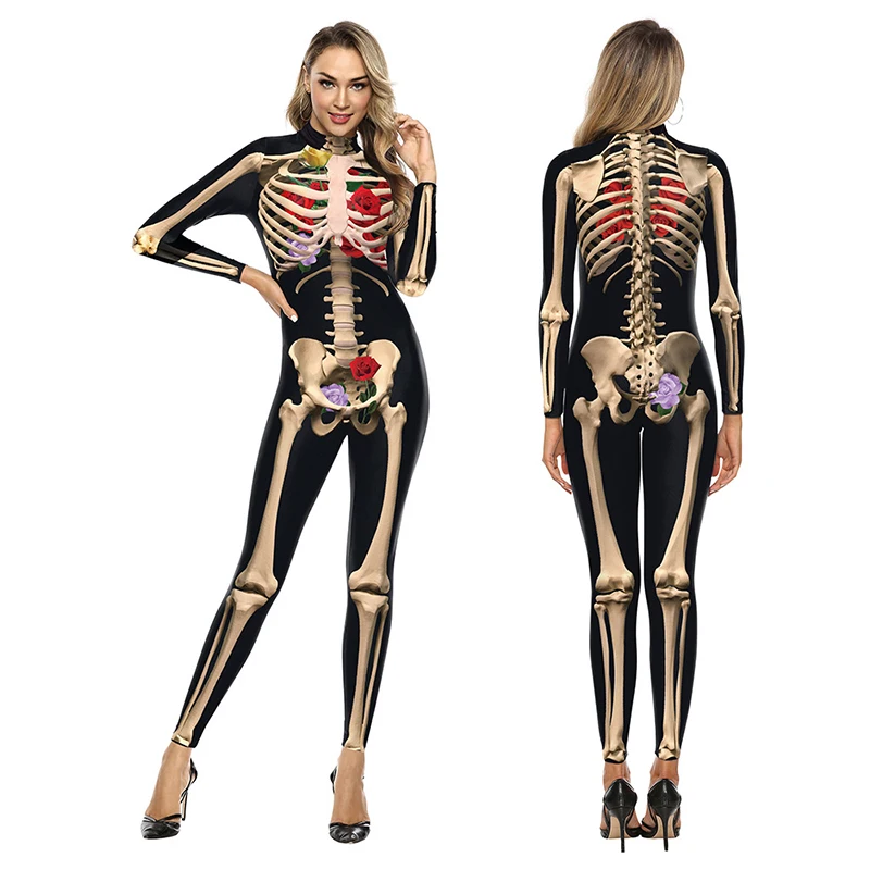 2021 New Scary Rose Human Skull Digital Printing Cosplay Costume Sexy Slim Jumpsuit Ghost Halloween | Тематическая одежда и