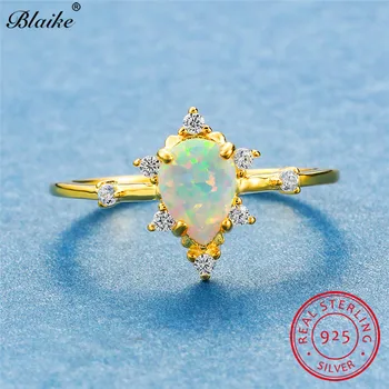 

Pear Cut White Fire Opal Rings For Women Weddings Bands 925 Sterling Silver Yellow Gold Water Drop Stone Thin Ring Band Jewelry