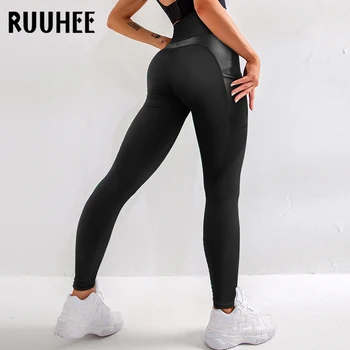 

RUUHEE Tight Leggings Hip Rais Sports Women Fitness With Pocket Yoga Pant Stretch Workout Gym Leggings Patchwork Slim Leggings