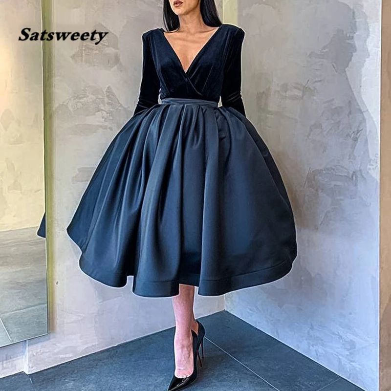 prom & dance dresses New Arrival Navy Blue evening dress short V Neck Long sleeve evening dresses Velvet Satin abiye party dress avondjurk dark green prom dress Prom Dresses