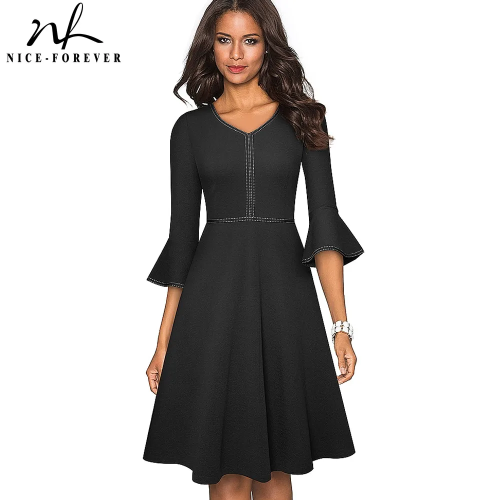 

Nice-forever Autumn Elegant Pure Color with Flared Sleeve Dresses Cocktail Party Women Swing A-line Dress A221