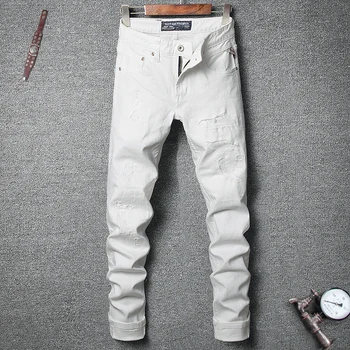 

Italian Style Fashion Men Jeans White Color Slim Fit Desotroyed Patchwork Ripped Jeans Men Vintage Designer Hip Hop Jeans Homme