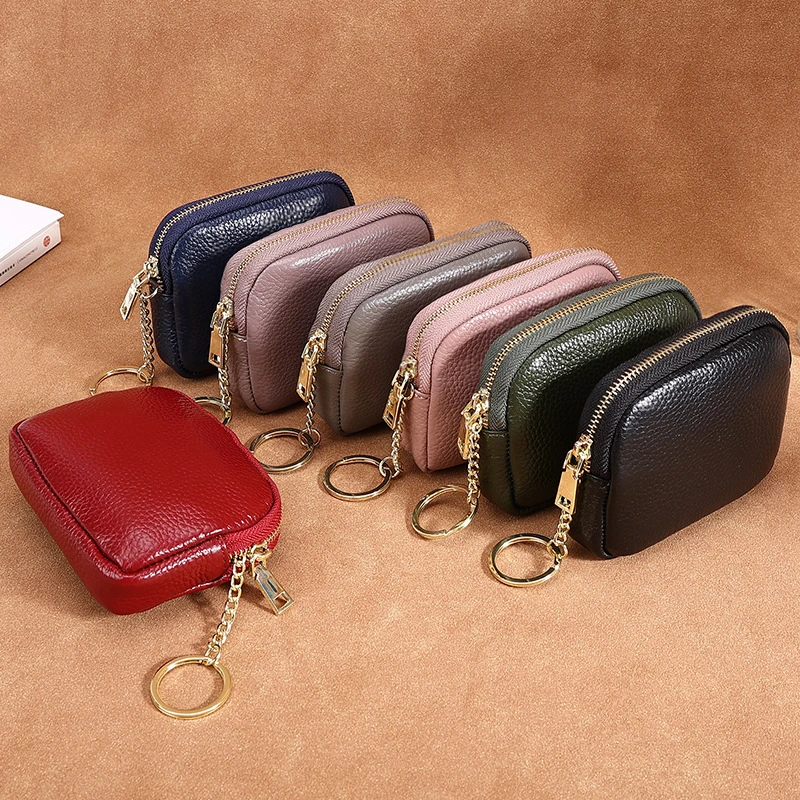 MJ Mini monedero de cuero genuino, cartera de mano con cremallera, corta, llavero de Color sólido, tarjetero|Monederos| - AliExpress