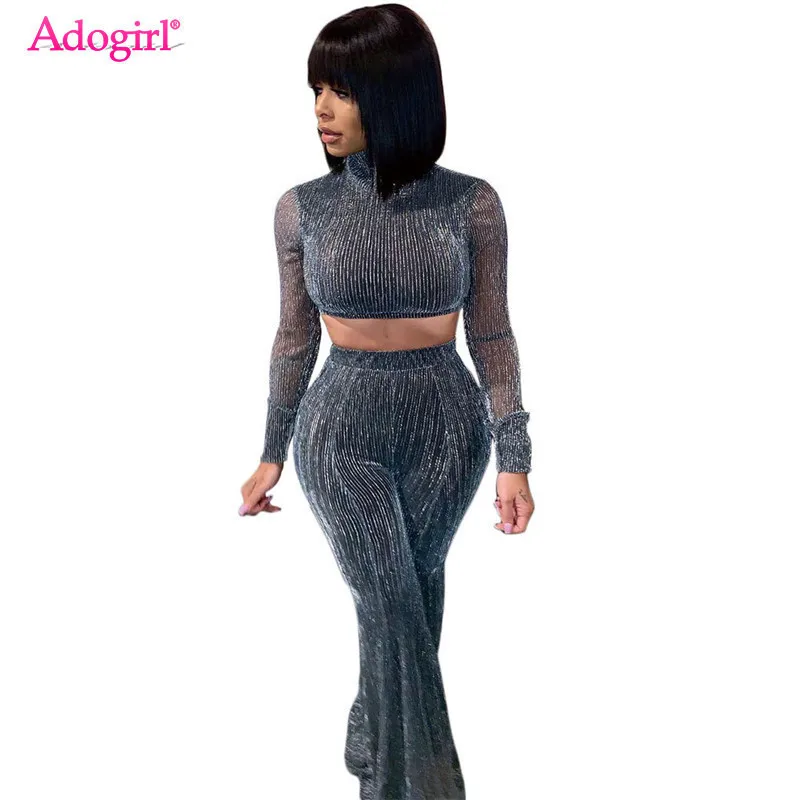 

Adogirl Shiny Sheer Mesh Two Piece Set Turtleneck Long Sleeve Crop Top High Waist Flare Pants Women Sexy Night Club Suit Outfits