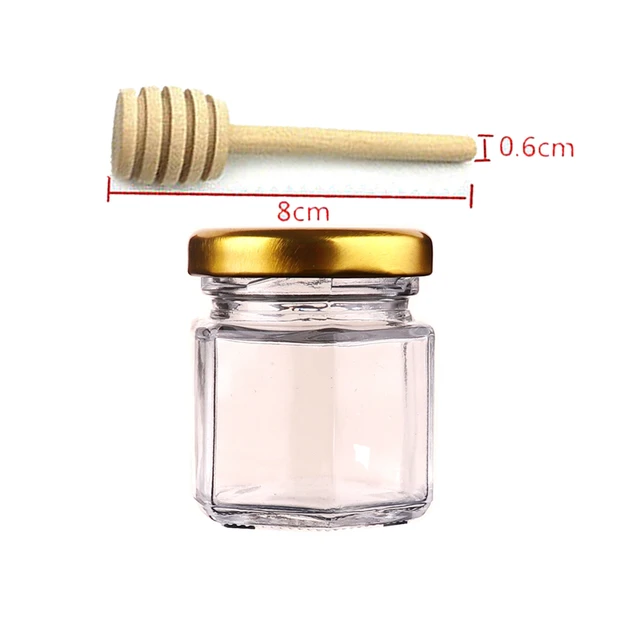X22 Hatszögletű Mini Üveg Mézes Edény 45 Ml Kapacitás 1,5Oz Üvegedény Fém Borítóval Mézesüvegek Esküvői Buli Ajándékokhoz