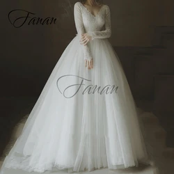 Simple V-Neck Beading Backless A-Line Wedding Dresses Lace Appliques Long Sleeve Organza Bridal Gown robe de mariée vestidos