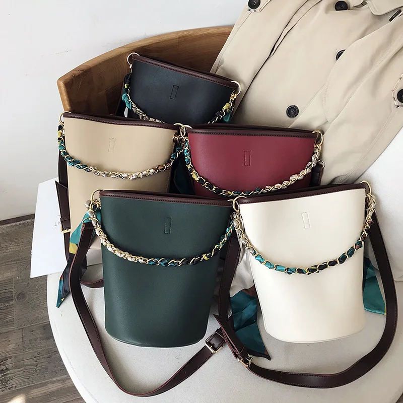 

2019 New Diagonal Diagonal Bucket Bag Simple Solid Color Large Capacity Handbag Women Scarf Chain Shoulder Bagbolso Mujer