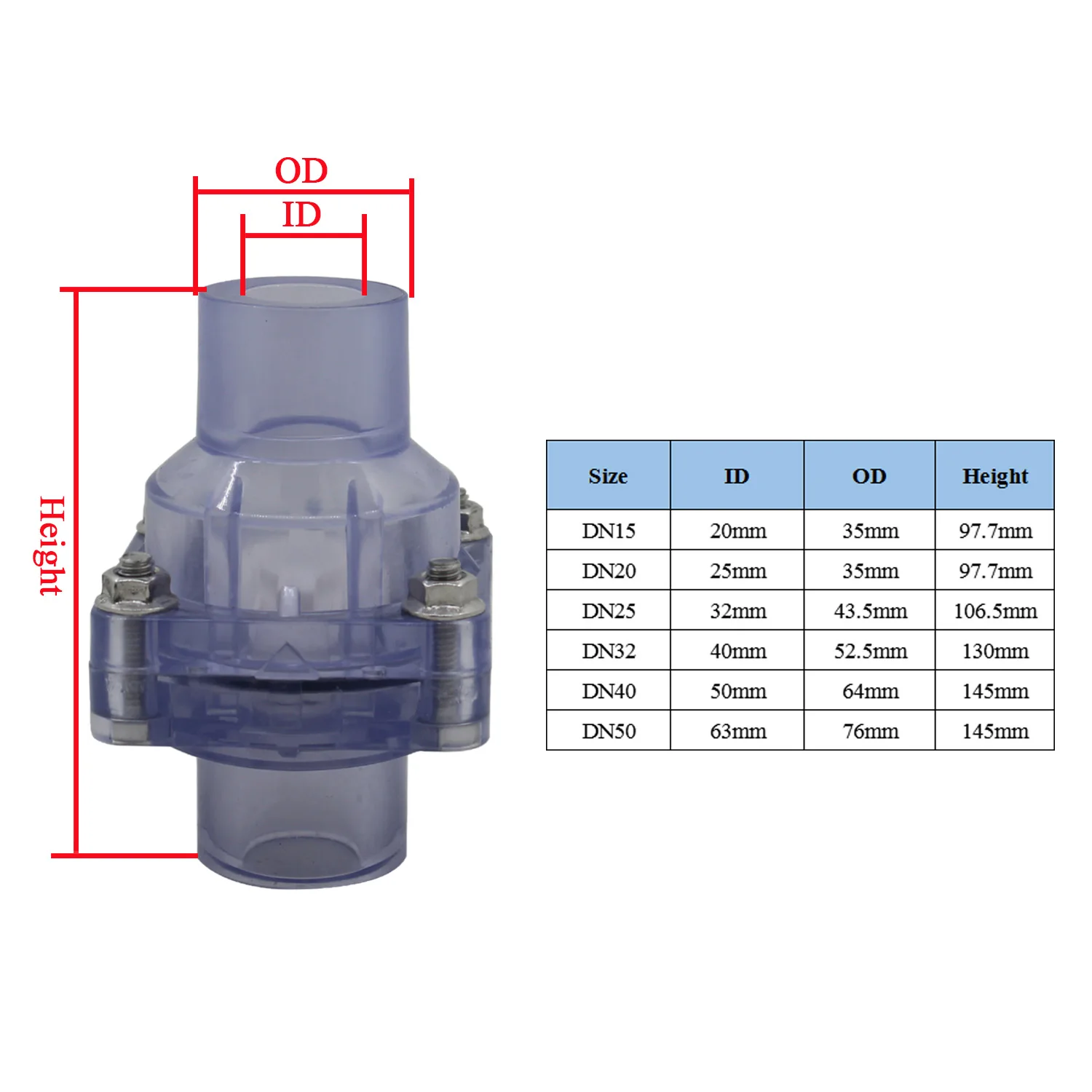 Clapet anti-retour en PVC 50 mm intérieur en plastique DN25 DN32