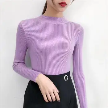 

Women Autumn Winter Solid Color Long Sleeve Mock Neck Slim Knitted Sweater Top