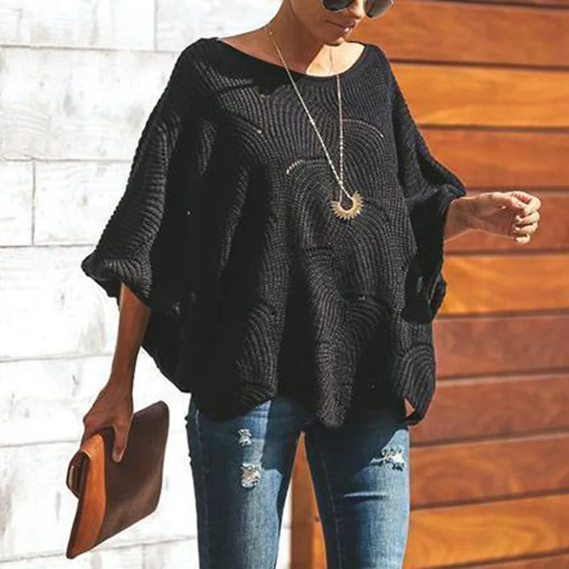 Women Loose Sweater Cloak Casual Oversized Soft Lantern Sleeve Hollow Out Pullovers Knit O Neck Wave Hem Solid Female Sweaters