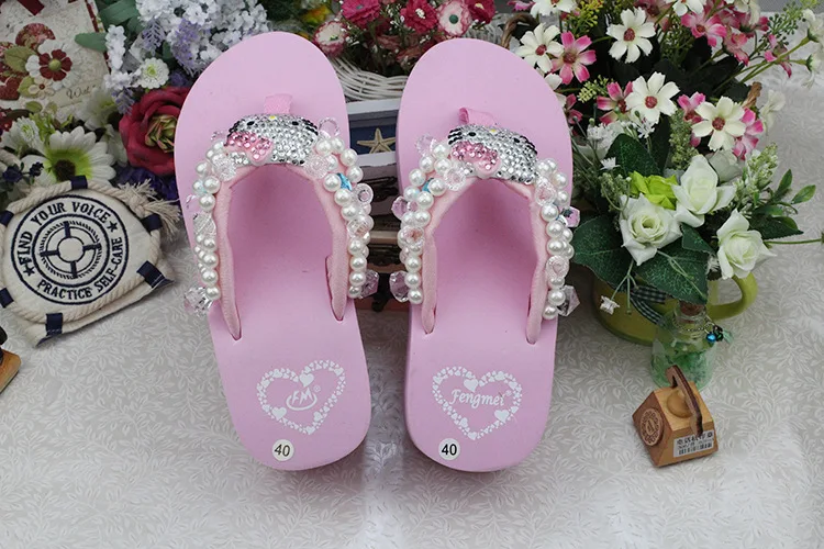 Leisure Shoes Online Lady Sewing Pearl Womens Beach Slippers Fashion High Heel Platform Wedge Flip Flops46