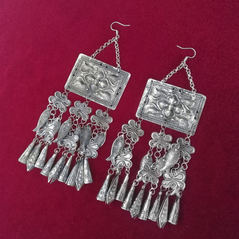 

Ethnic exaggeration personality Miao Silver Earrings long fashion all over cheongsam performance Earrings accessories