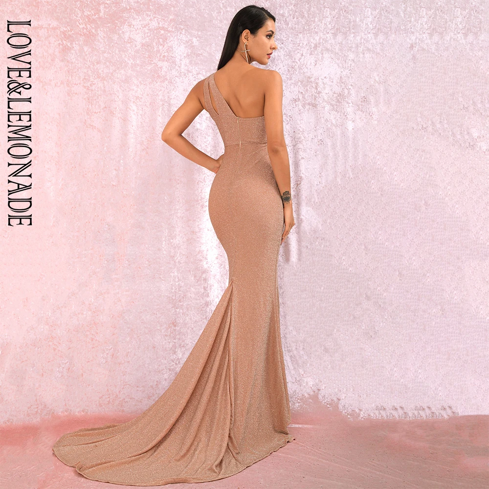 LOVE&LEMONADE Sexy Nude Cut Out One Shoulder Bodycon Whit Split Reflective Material Fishtail Shape Maxi Dress LM81921-1