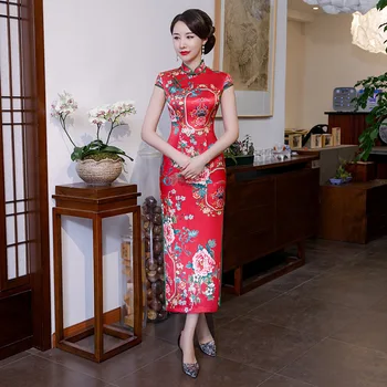 

Plus Size 4XL Women Elegant Dresses Chinese Cheongsam Long Satin Dress Banquet Qipao Flower Chinese Dresses Qipao Robe Orientale
