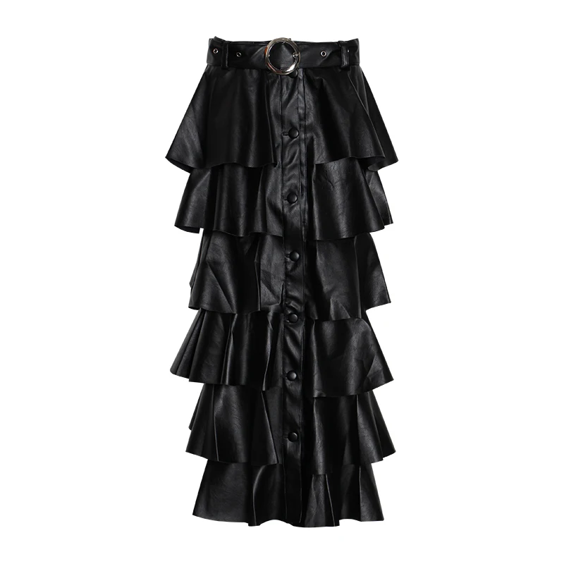 TWOTWINSTYLE, черные женские юбки из искусственной кожи с оборками, высокая талия, пуговицы, уличная Женская юбка, осень, модная новая одежда