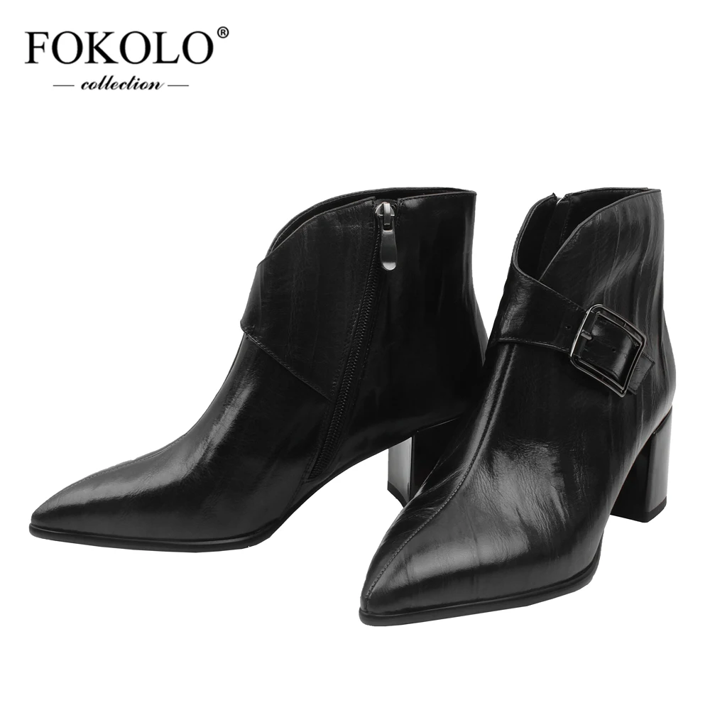 FOKOLO/женские ботильоны Модные ботинки из коровьей кожи с острым носком на молнии