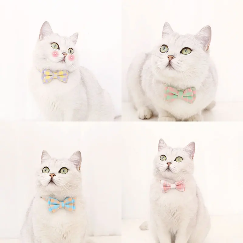 Cute Plaid Bow Cat Collar with Bell Cotton Bowknot Kitten Necklace Safety Buckle Adjustable Neck Tie For Dogs Cat Accessories