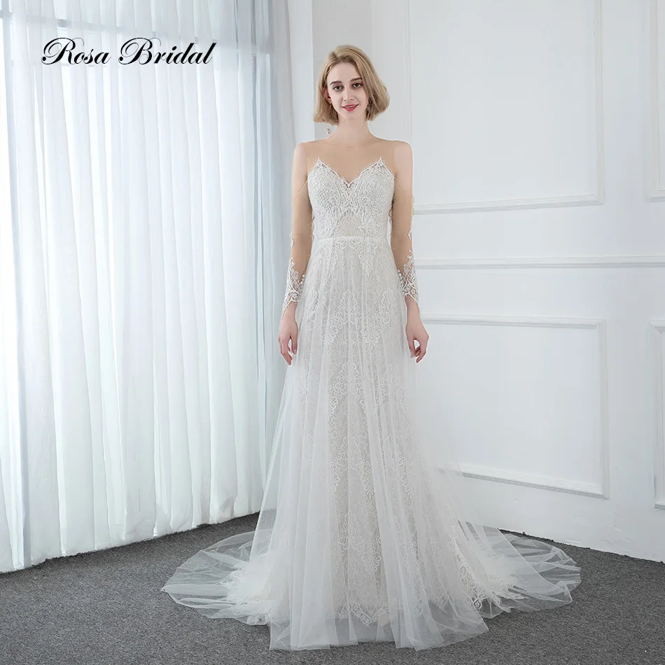 

Rosabridal 2020 lastest exquisite V neck backless beading lace A line wedding dress