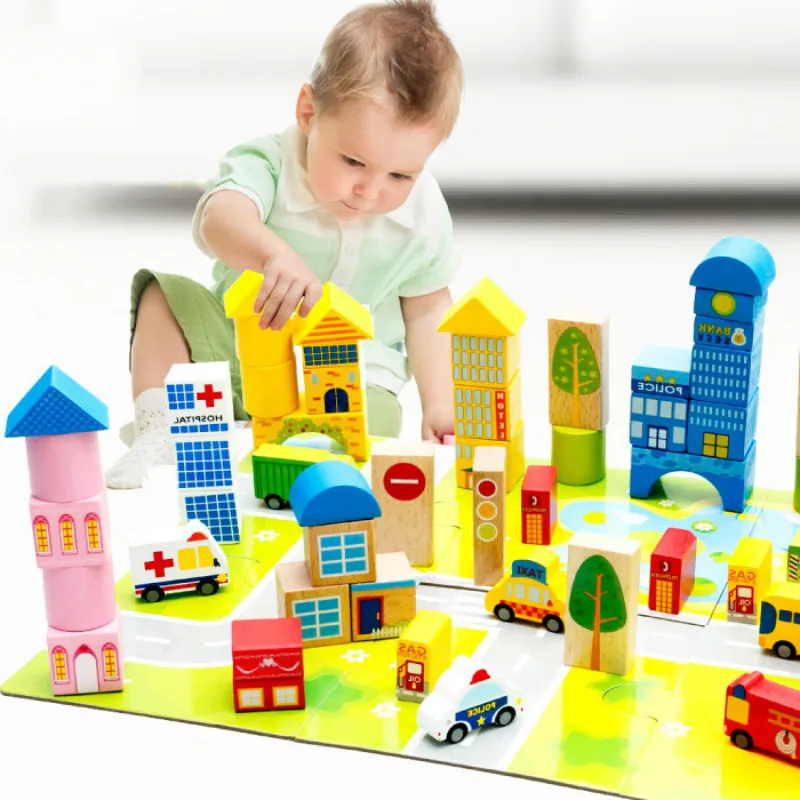 

62pcs/set Wooden Building Blocks Safety Color Cartoon Images City Traffic Scene Educational Toys For Children Christmas Gifts