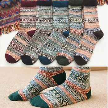 

Winter Thick Warm Stripe Wool Men Socks Casual Sock Business Male Vintage Ethnic Style In Tube Socks Women
