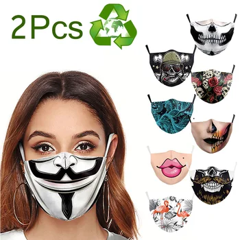 

2Pcs Vogue Skull Mouth Cover Reusable Anti-virus Dust Washable Masks Adult Big Mouth Print Face Fabric Masks Proof Bacteria Mask