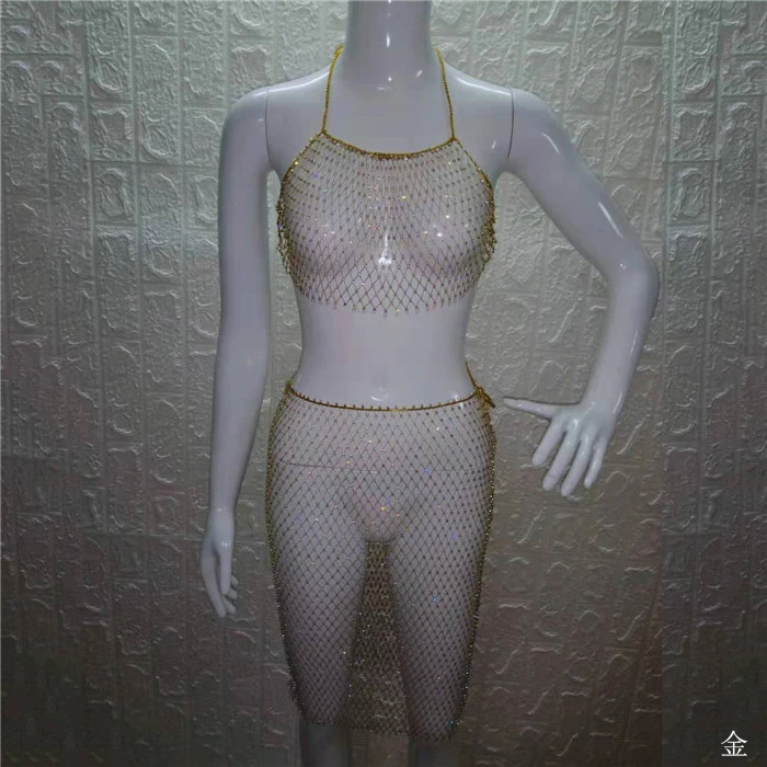 Блестящий, бриллиантовый, два Женский комплект 2 шт., сексуальный, с лямкой на шее, на спине, с вырезами, укороченный топ, популярная юбка, для ночного клуба, женская мода, комплект из 2 предметов - Цвет: Gold