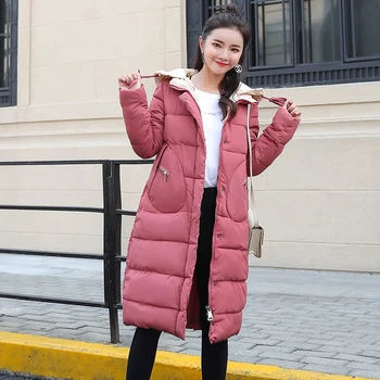 

Women long parkas Winter Casual hooded two pockets solid thick warm winter jacket coat cotton padded coat for female