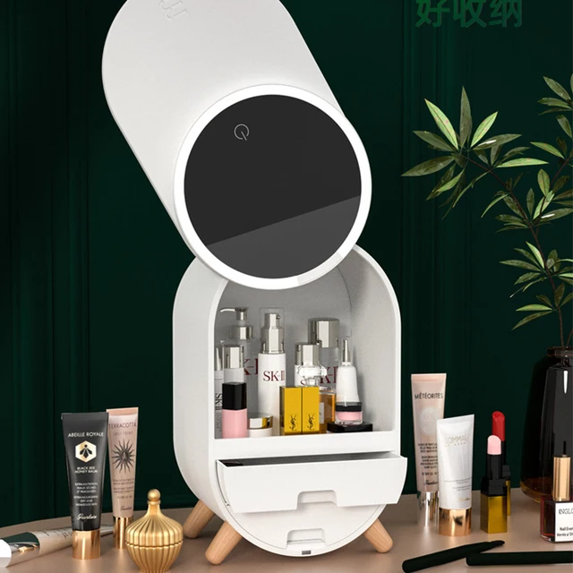 Fashion Makeup Organizer BOX USB Rechargeable Cosmetic Storage Box Jewelry Container Dustproof Drawer Waterproof Mirror LED Lamp 