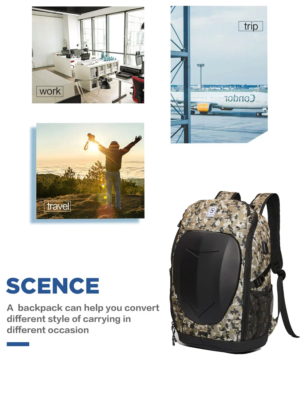 Hard Shell Tactical Backpack 21L Laptop USB Charging Port Waterproof