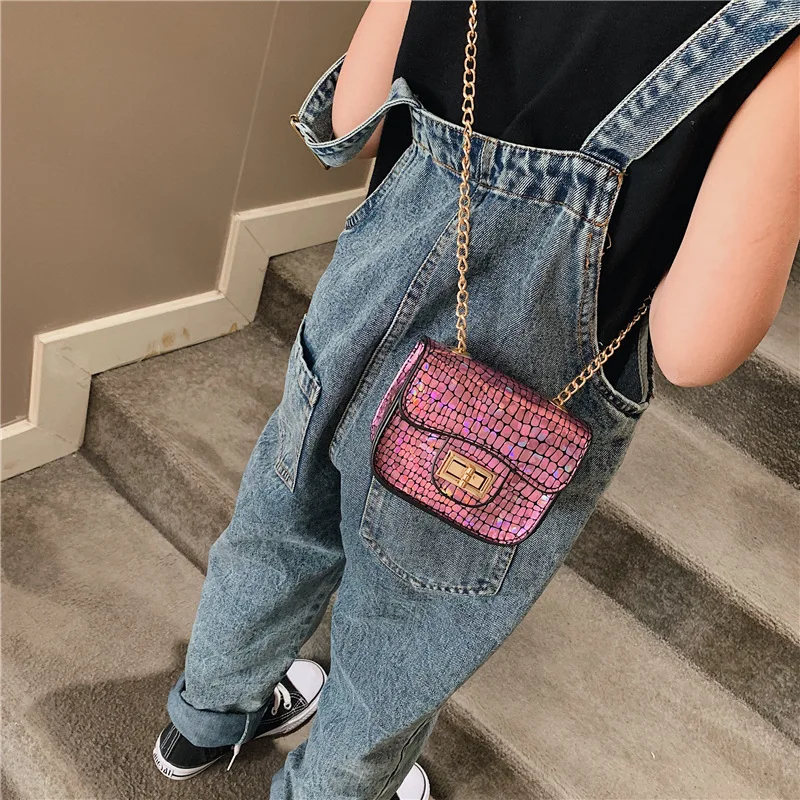 

2019 New Style Sequin Children's Bags Fashion Girl Crossbody Bag Cool Lock Bag with Chain PU Change