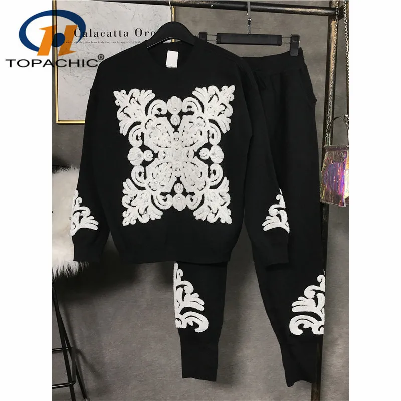 

9.19 New Beading Knit Set Women Embroid Two Pieces Pantalon Set Casual Sweater and Capris Conjunto Feminino