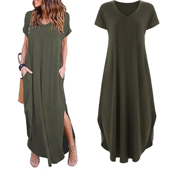 

2019 Women's Casual Loose Pocket Long Dress Women Short Sleeve Dresses Women T Shirt Dress Solid Color Vintage V-neck vestido