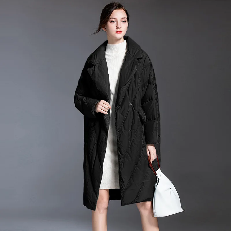 YNZZU зимняя винтажная длинная куртка на 90% белом утином пуху Женская Высококачественная однотонная матовая Свободная Женская теплая куртка дизайн A1254 - Цвет: Черный