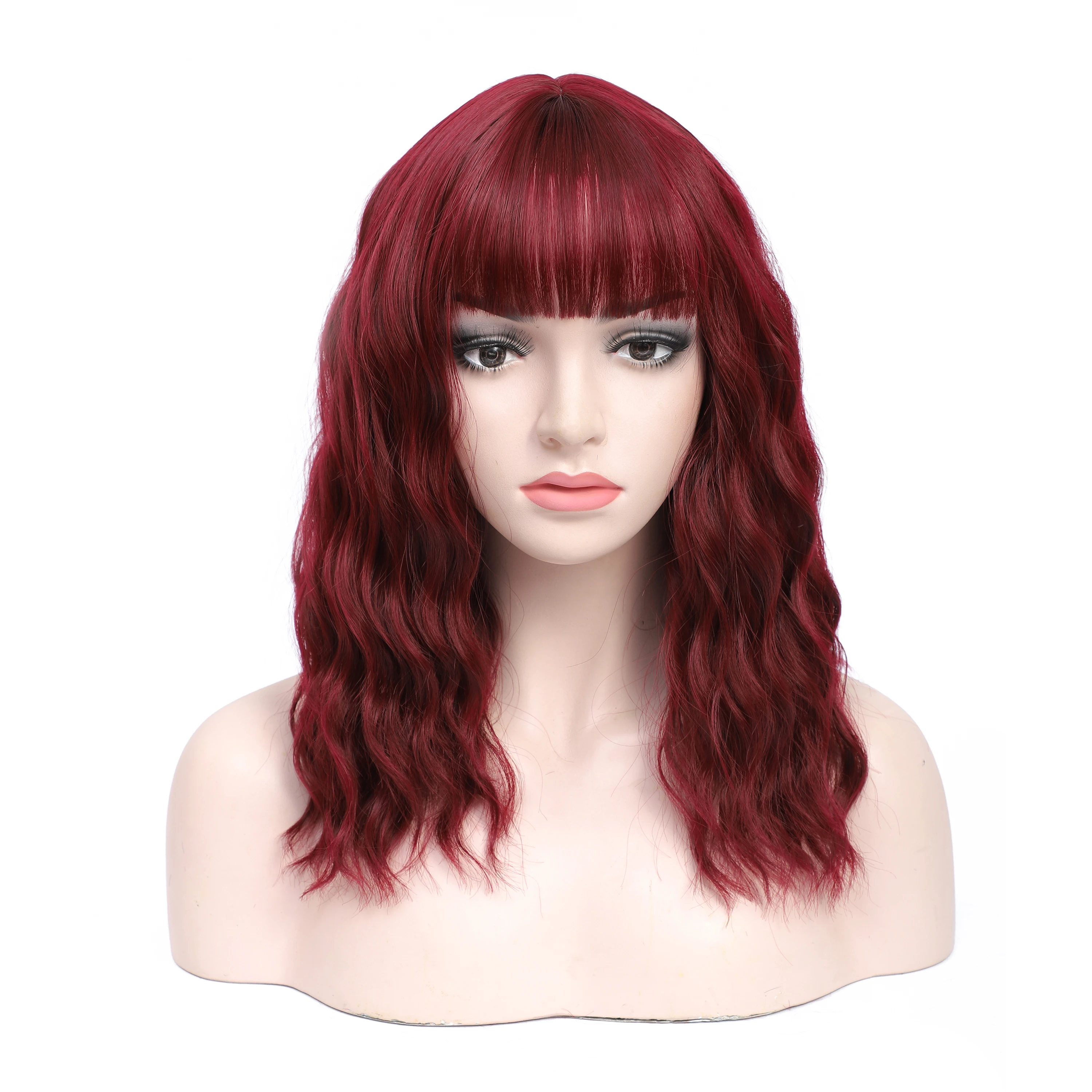 

LANYI 16Inches Long Wavy Wig For Women Wine Red Synthetic Wigs with Bangs For Femal Daily Use Cosplay Lolita Wigs Heat Resistant