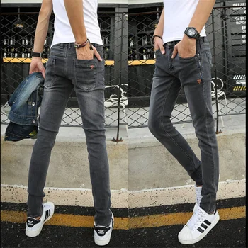 

Spring new men's jeans youth slim stretch small straight trousers youth feet pants grey color men demin jeans cheny