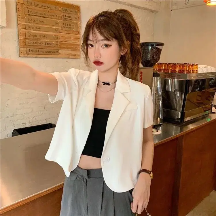 blazers feminino manga curta solta sólido recortado outwear fino verão fresco design concurso adorável qualidade lazer casual
