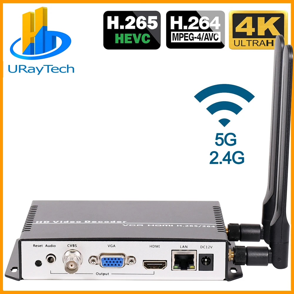 Декодер UHD 4K H.265 H.264 HDMI VGA CVBS WIFI HD SD видео IP потоковый декодер для SRT HTTPS RTSP RTMP UDP HLS к