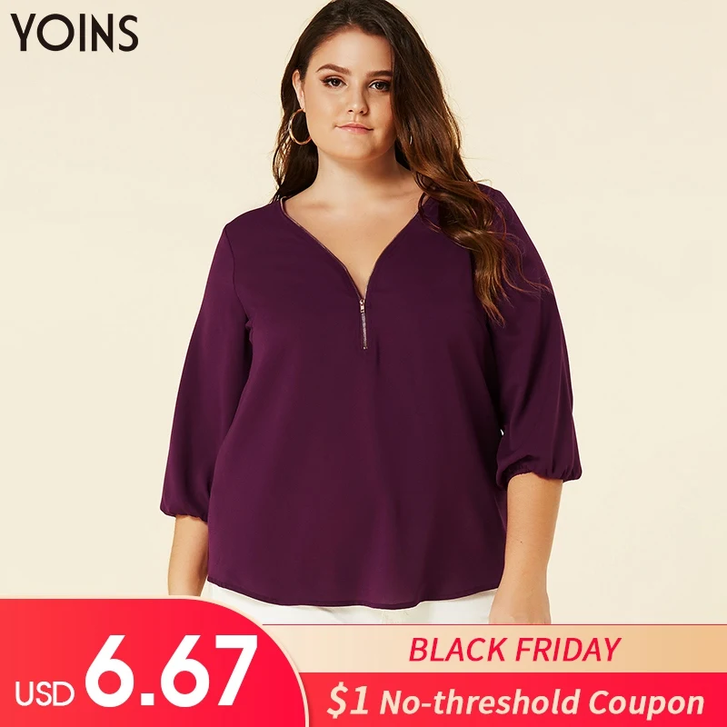 

YOINS 2019 Autumn Winter Women Blouses Elegant V-neck Zip Front Blouse Basic Female Shirts Casual Tops Femme Plus Size Blusas