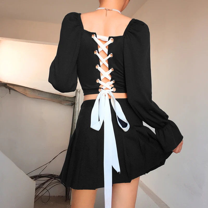 Sweetown Осень Черный Крест бандажный укороченный топ футболки для женщин бабочка рукав квадратный воротник женская футболка Корейская одежда