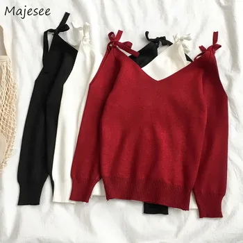 

Pullovers Knitted Women Off-shoulder Lace-up Solid Elegant All-match Sweet Korean Style V-Neck Chic Harajuku High Quality Casual