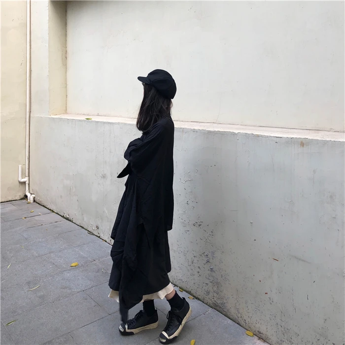 Женская одежда осень зима harajuku черная Повседневная негабаритная рубашка с длинными рукавами и высокая талия длинная юбка комплект из двух предметов