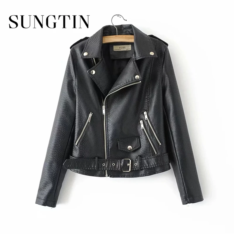 

Sungtin Classic Black Motorcycle PU Leather Jacket Autumn Women Soft Faux Leather Jacket Ladies Zipper Basic Coat Street Outwear