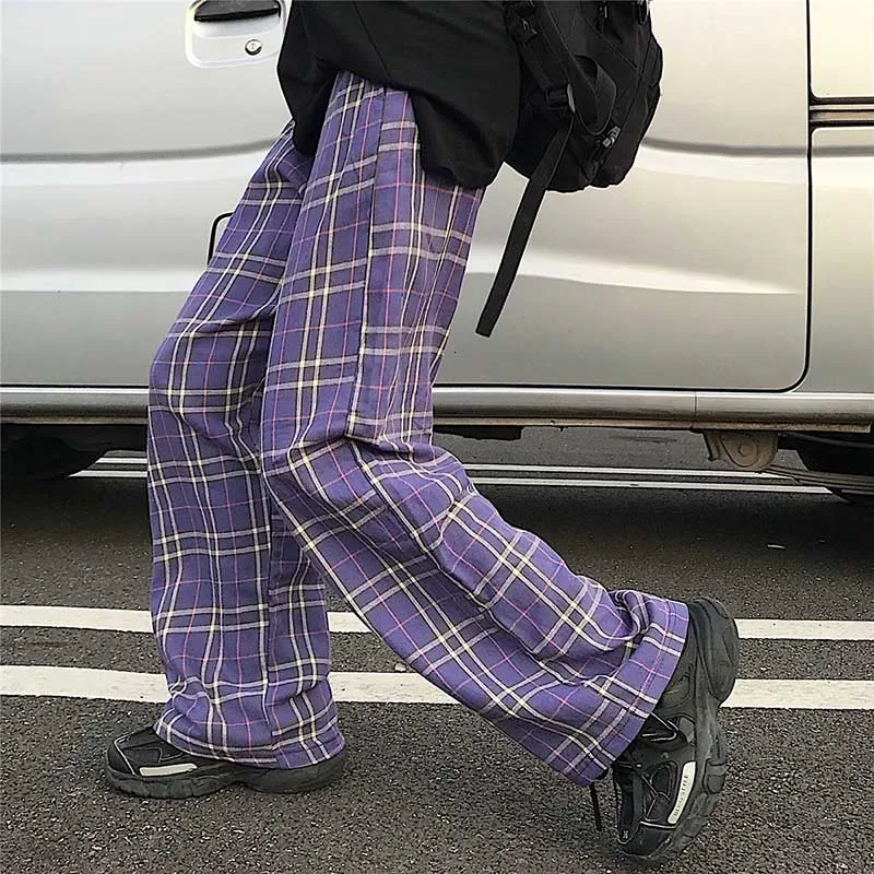 NiceMix harajuku клетчатые эластичные брюки с высокой талией осень wo мужские уличные хип хоп прямые брюки повседневные брюки